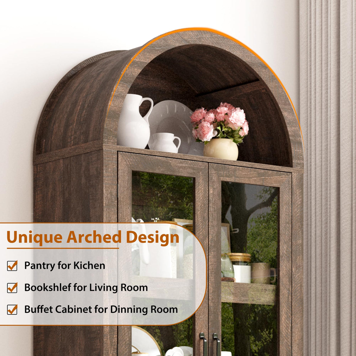 Arched Glass Door Pantry Cabinet