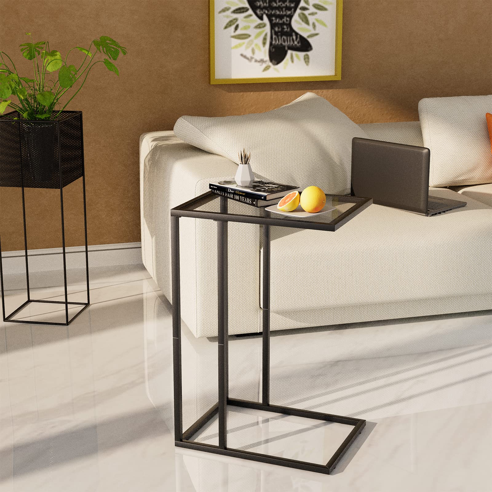 C Shaped End Table Set of 2, Sofa Couch Side Table, Tempered Glass Snack TV Tray Table with Metal Frame for Small Space,Living Room, Bedroom, Bedside,Modern Style, Black,2PCS