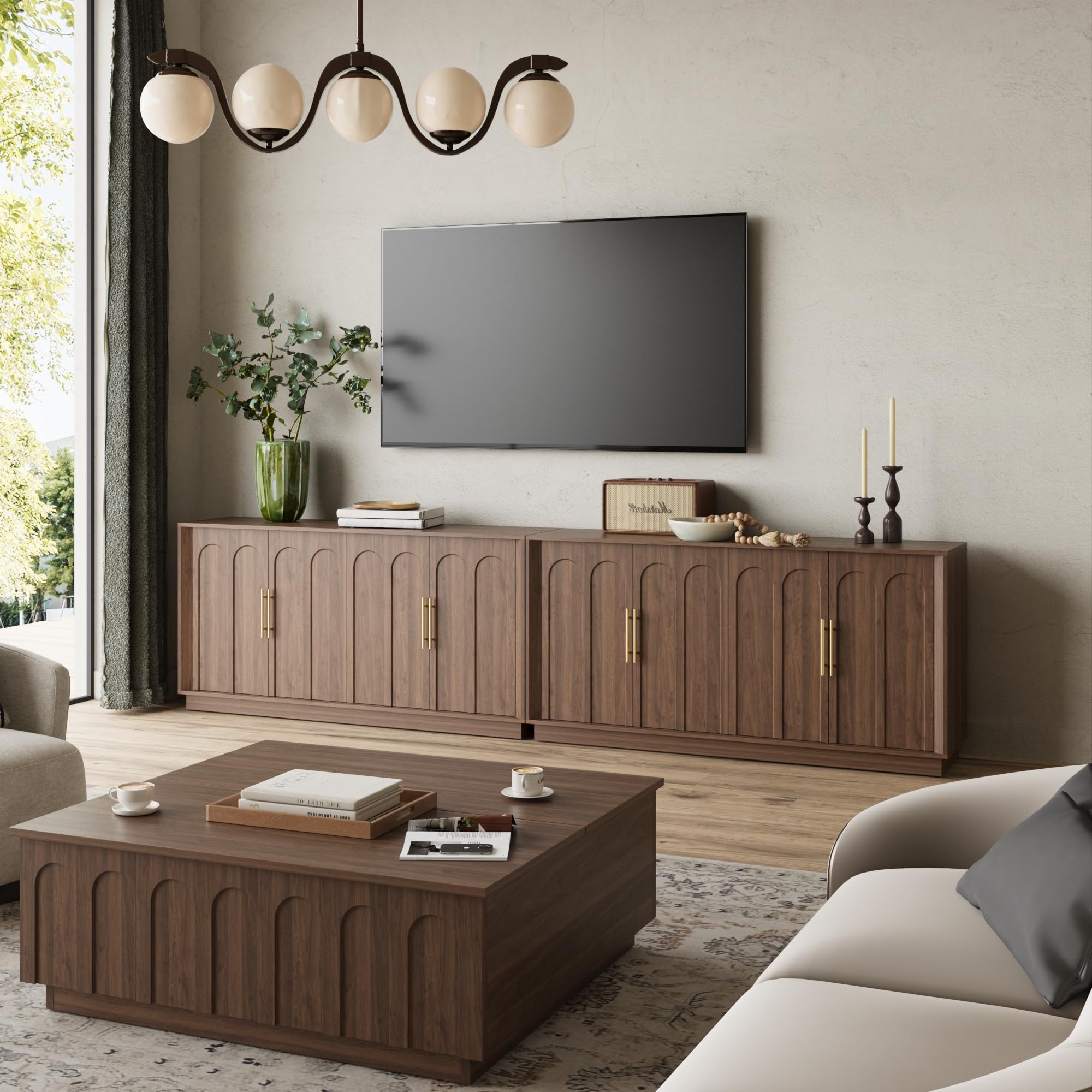 FORTUNETEC Sideboard Buffet Cabinet with Storage, Mid Century Modern Accent Cabinet with Arched Doors, Modular Media Console, Minimalist Credenza for Living Room Kitchen Dining Room Entryway, Walnut