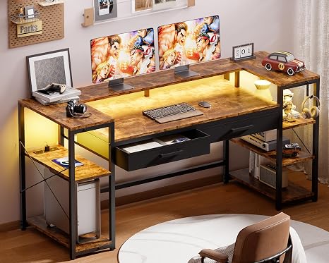 58-Inch Computer Desk with Monitor Stand, LED Lights & Power Outlets