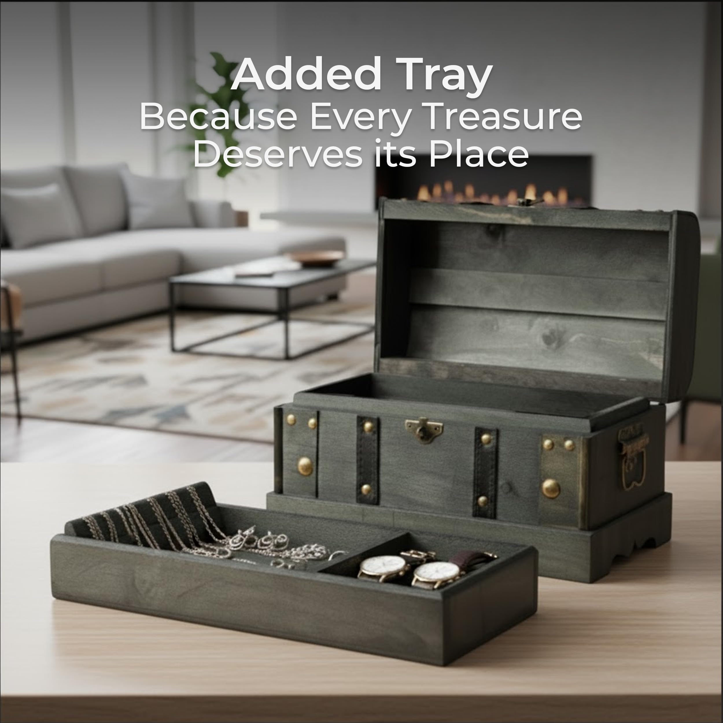 Wooden Treasure Chest Box with Removable Tray
