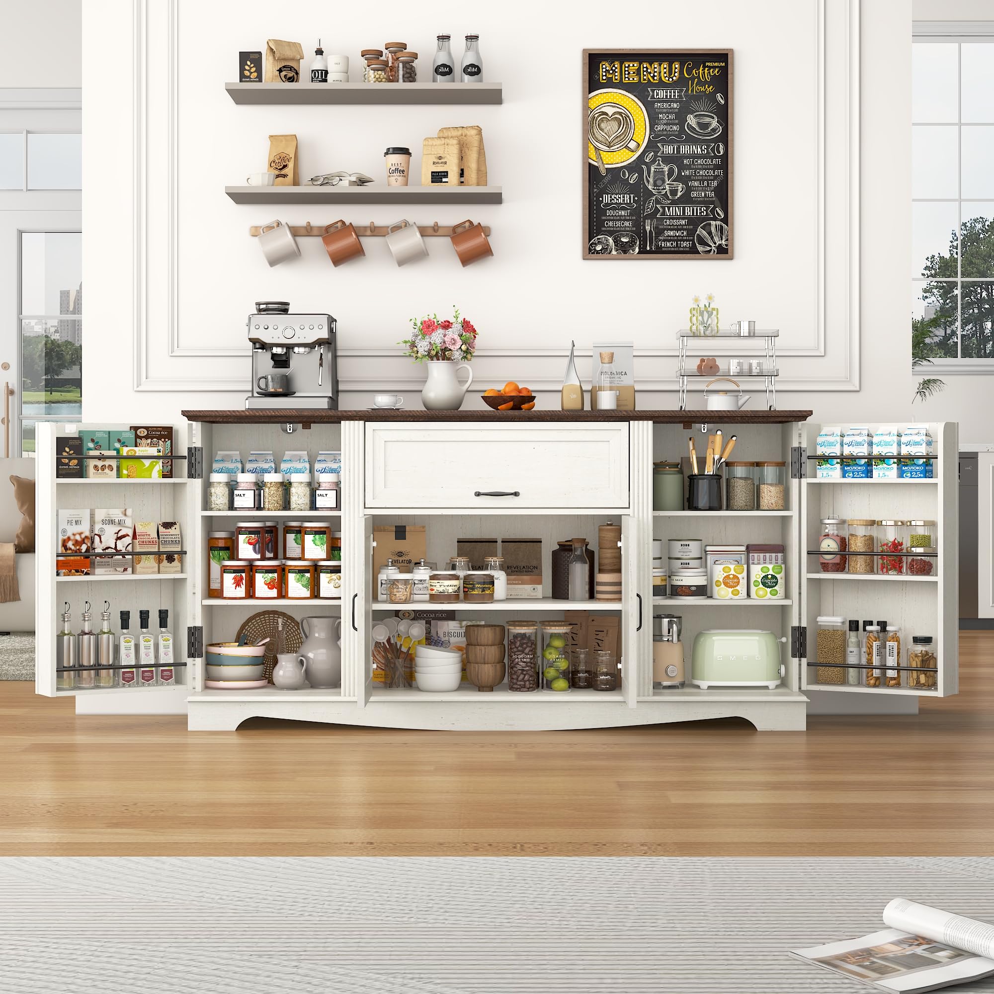 65" Sideboard Buffet Cabinet with Storage, Farmhouse Kitchen Pantries Sideboard Cabinets with Drawer, Wood Coffee Bar Cabinet with Adjustable Shelves, Storage Cabinets for Kitchen, Antique White
