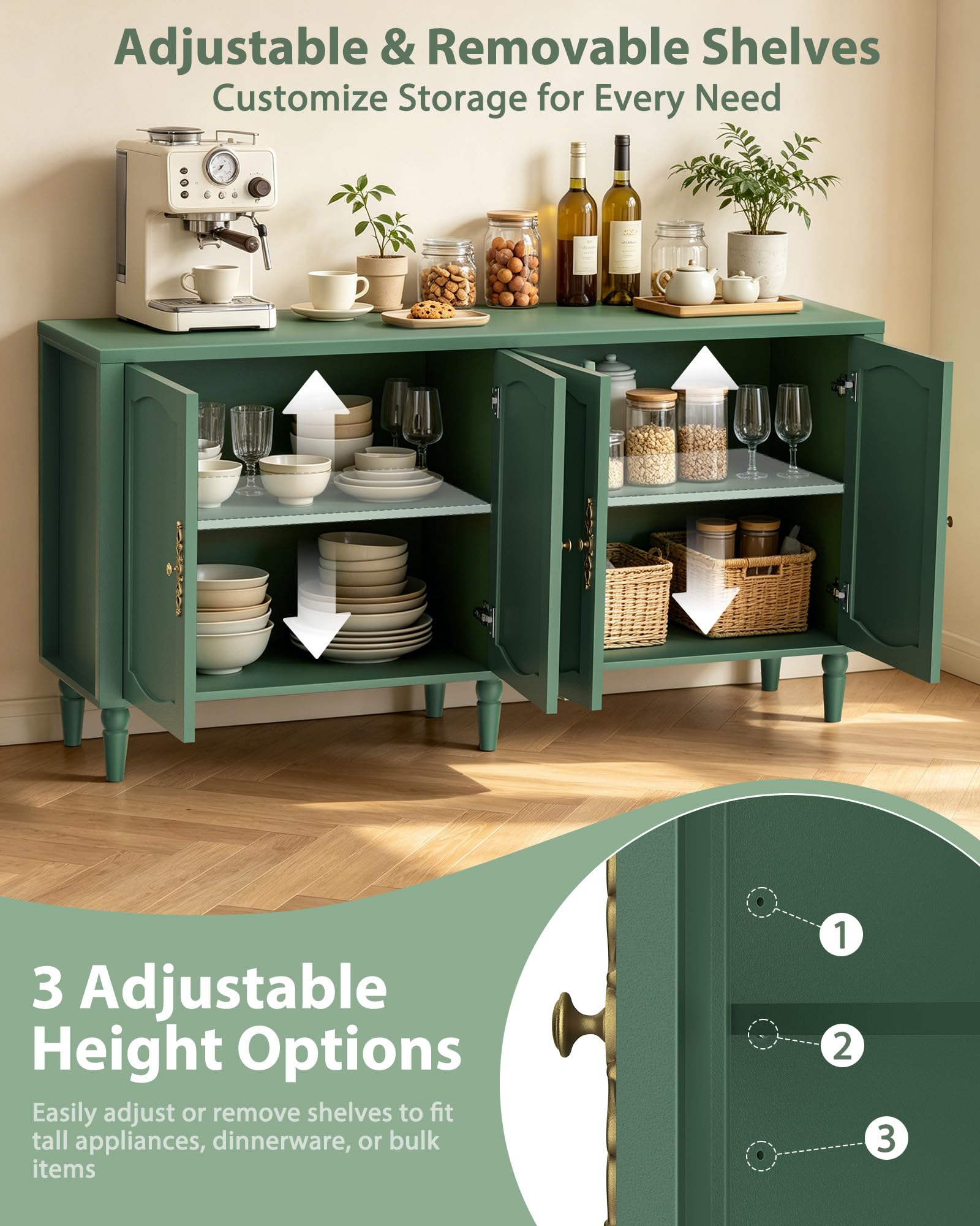 63" Wood Sideboard Buffet Cabinet with Adjustable Shelves