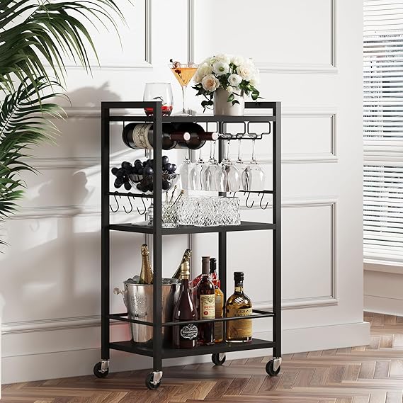 3-Tier Rolling Bar Cart with Wine Rack & Glass Holder