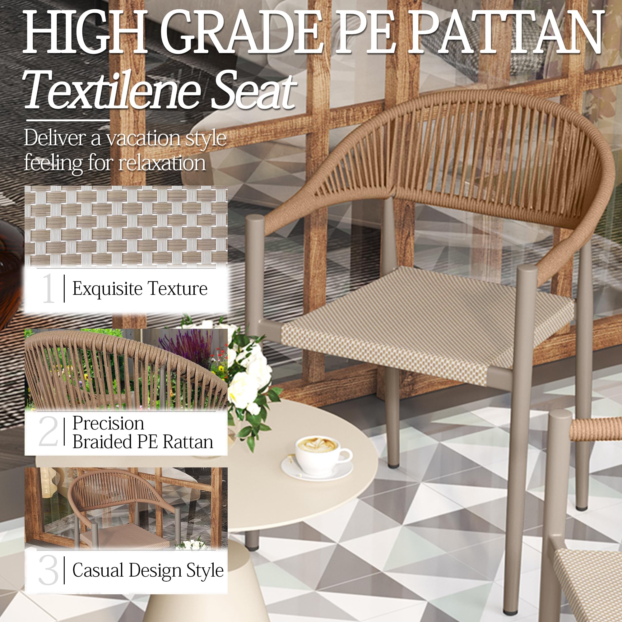 TWT Patio Chairs Set of 4, Outdoor Stackable Dining Chairs for All Weather, Breathable Textilene Garden Furniture for Backyard Deck, Aluminum Alloy Frame, PE Rattan, Light Brown