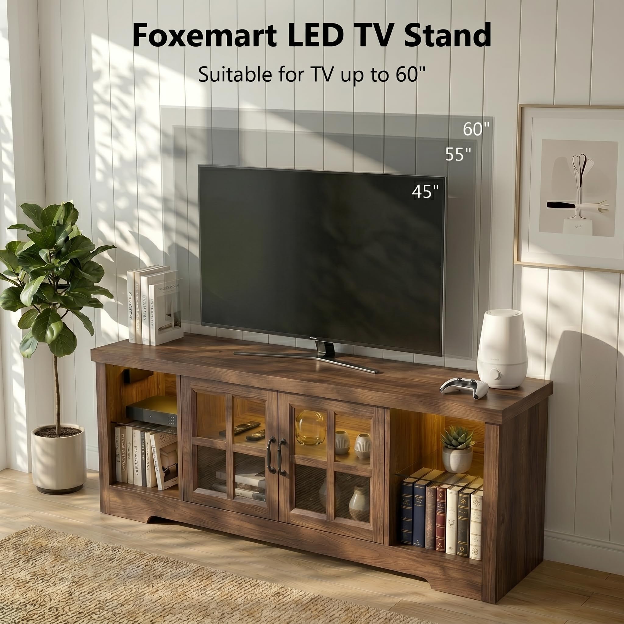 55" Farmhouse TV Stand for TVs up to 60", LED Entertainment Center with Power Outlet & Glass Cabinet, Wood Media Console Table with Adjustable Shelves for Living Room, Bedroom (Cracked Oak, 55 Inch)