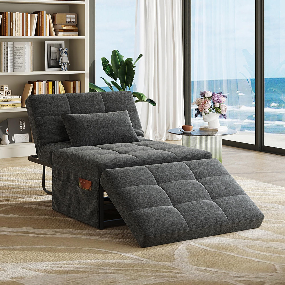 WLIVE Folding Ottoman Bed, 4-in-1 Multi-Function, Convertible Sofa Bed Foot Rest with Adjustable Back for Living Room, Dark Grey