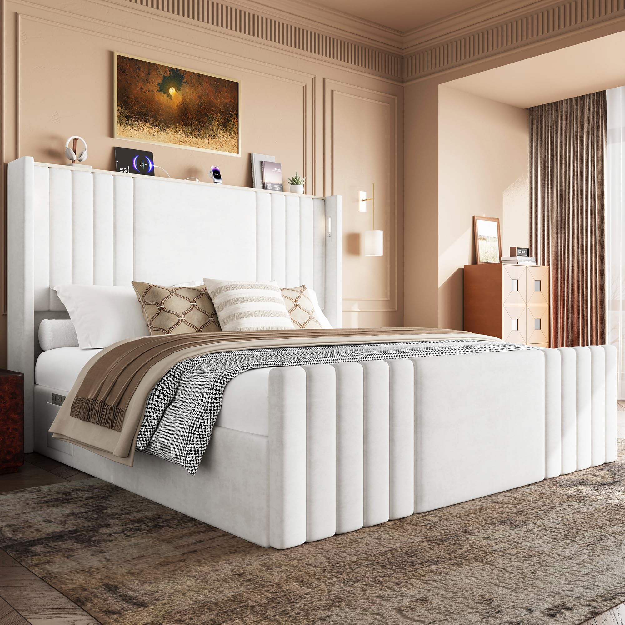 Velvet Wingback Platform Bed Frame with LED Reading Lights