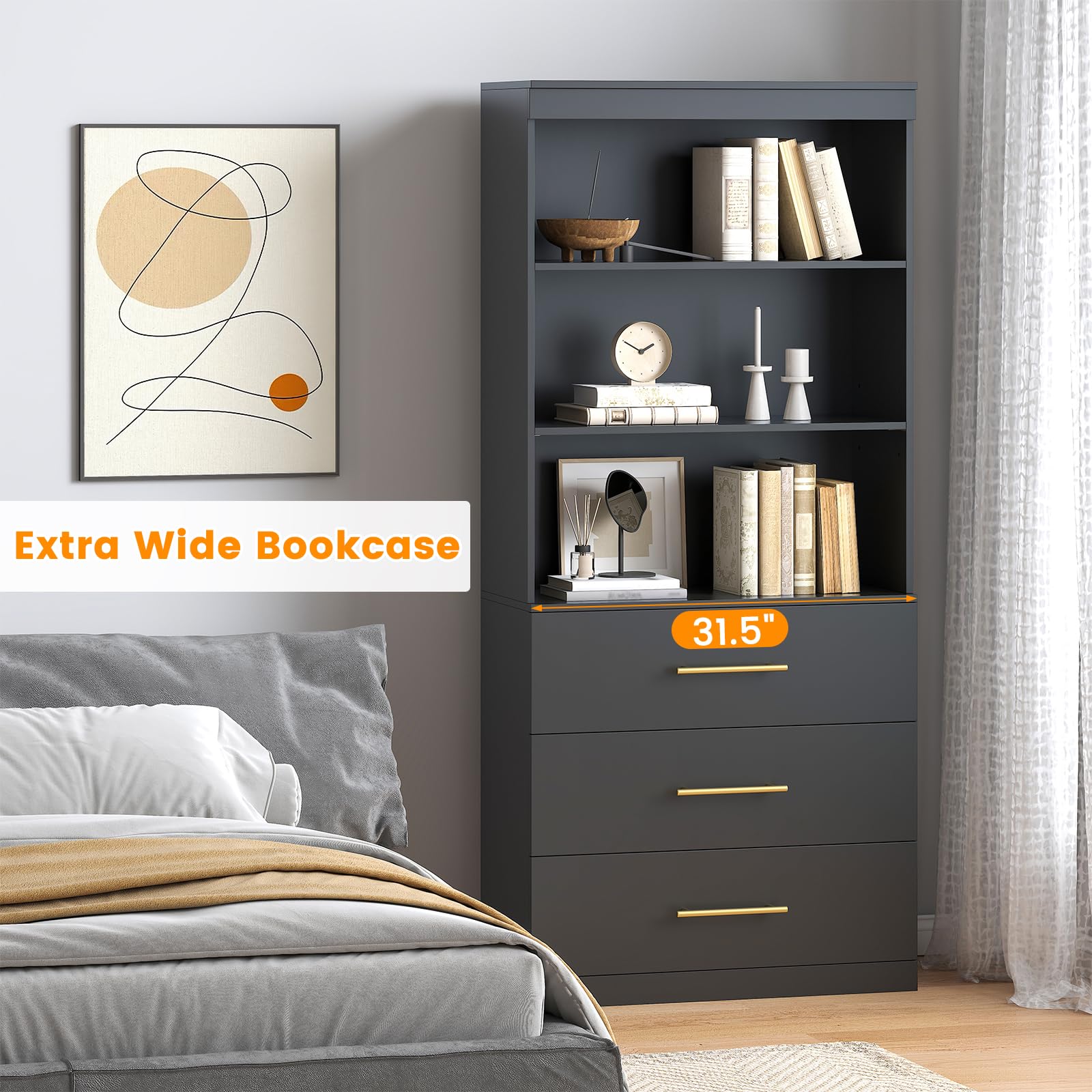 Winkalon 71" Tall Black Bookshelf with Drawers, Bookcase and Bookshelf with 3-Tier Open Shelves, Tall Bookcase Tall Storage Cabinet for Home Office Living Room, 13.8" D x 31.5" W x 71" H