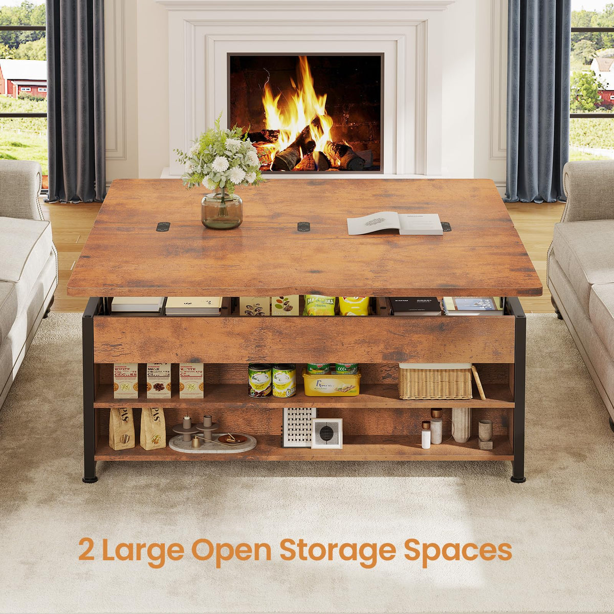 Itaar Lift Top Coffee Table Set, 43'' Multi-Function Coffee Table with Storage Drawers and Hidden Compartment, Center Table with Ottoman Bench for Living Room, Rustic Brown