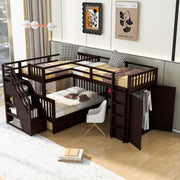 Bellemave L Shaped Triple Bunk Bed with Storage Staircase, Wardrobe, Desk & Drawers, Wooden Bunk Bed for 3 Kids, Twin Over Full Bunk Beds, L-Shaped Loft Bed for Kids, Teens, Adults (Espresso)