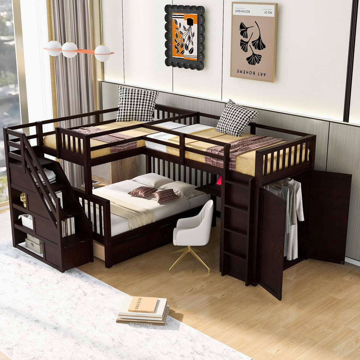 Bellemave L Shaped Triple Bunk Bed with Storage Staircase, Wardrobe, Desk & Drawers, Wooden Bunk Bed for 3 Kids, Twin Over Full Bunk Beds, L-Shaped Loft Bed for Kids, Teens, Adults (Espresso)
