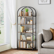 Homhedy 5-Tier Bookshelf Arched Display Racks, Wood and Metal Bookcase, Tall Bookshelf, Industrial Display Standing Shelf Unit, for Home Office, Living Room, Bedroom, Bathroom, Rustic Brown