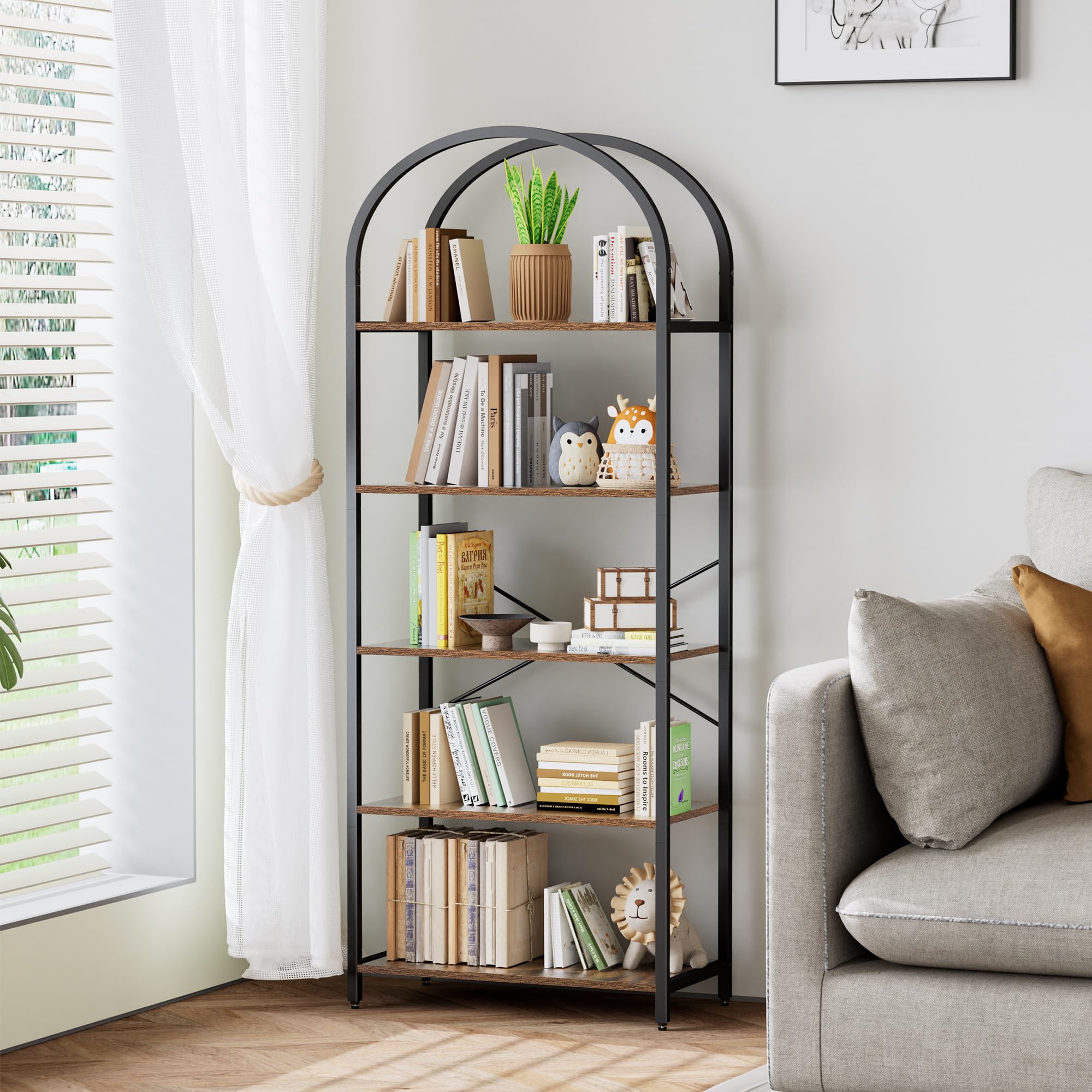 Homhedy 5-Tier Bookshelf Arched Display Racks, Wood and Metal Bookcase, Tall Bookshelf, Industrial Display Standing Shelf Unit, for Home Office, Living Room, Bedroom, Bathroom, Rustic Brown