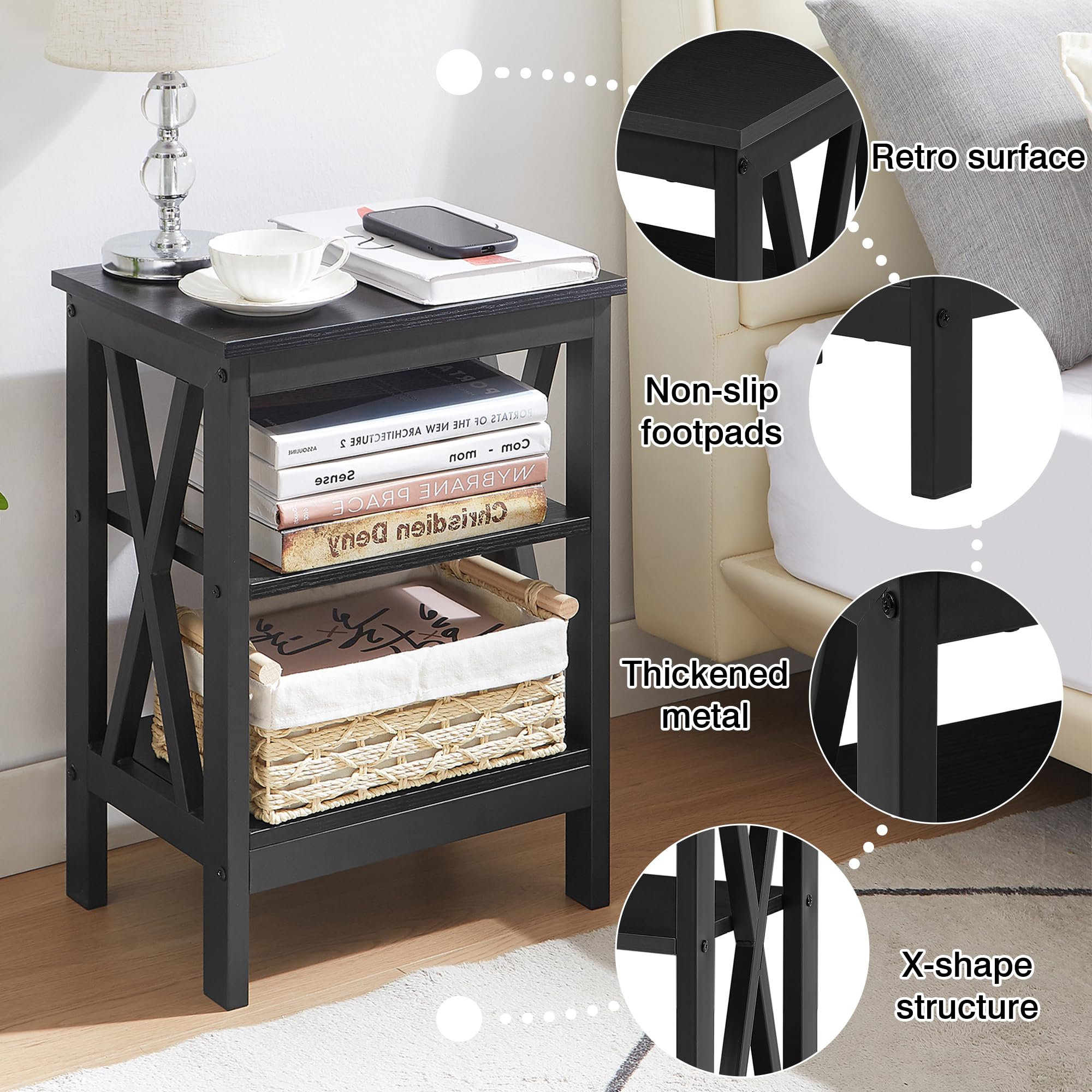 Nightstand End Table Set of 2 with Storage Shelf, X-Design