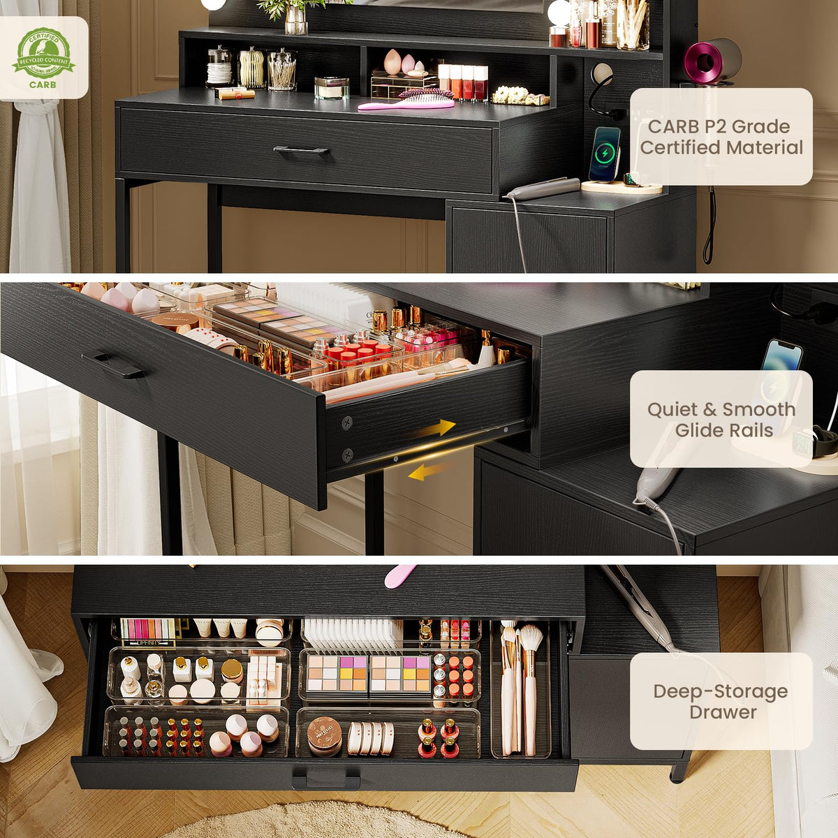 Driftalia Makeup Vanity Desk with Lighted Mirror & Power Outlets, Black