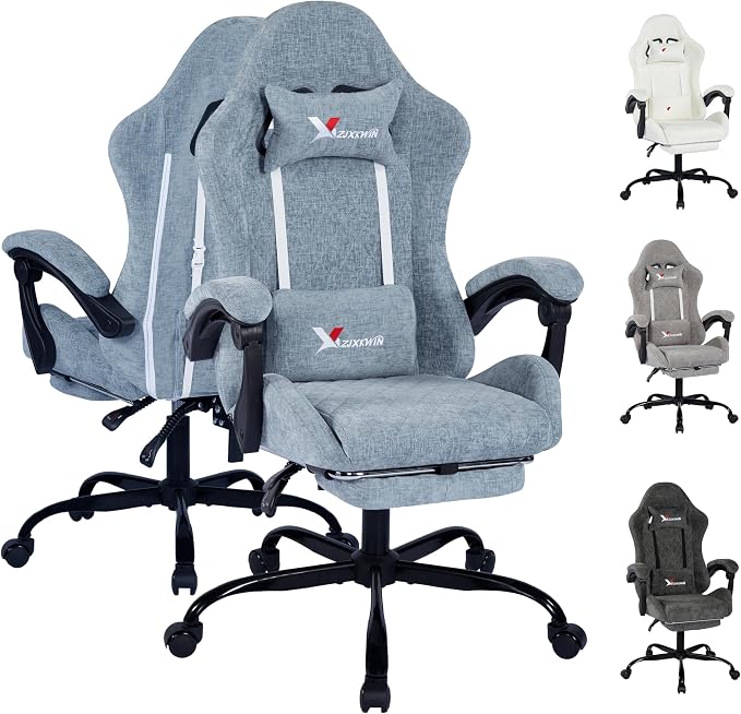 Grey Fabric Gaming Chair with Footrest