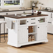 PurityVow 54.9" Rolling Kitchen Island with Drop Leaf, Power Outlet, Kitchen Storage Cart with 4 Door Shelves, Cross Barn Doors & Visual Glass Door, Kitchen Island Table On Wheels for Kitchen (White)