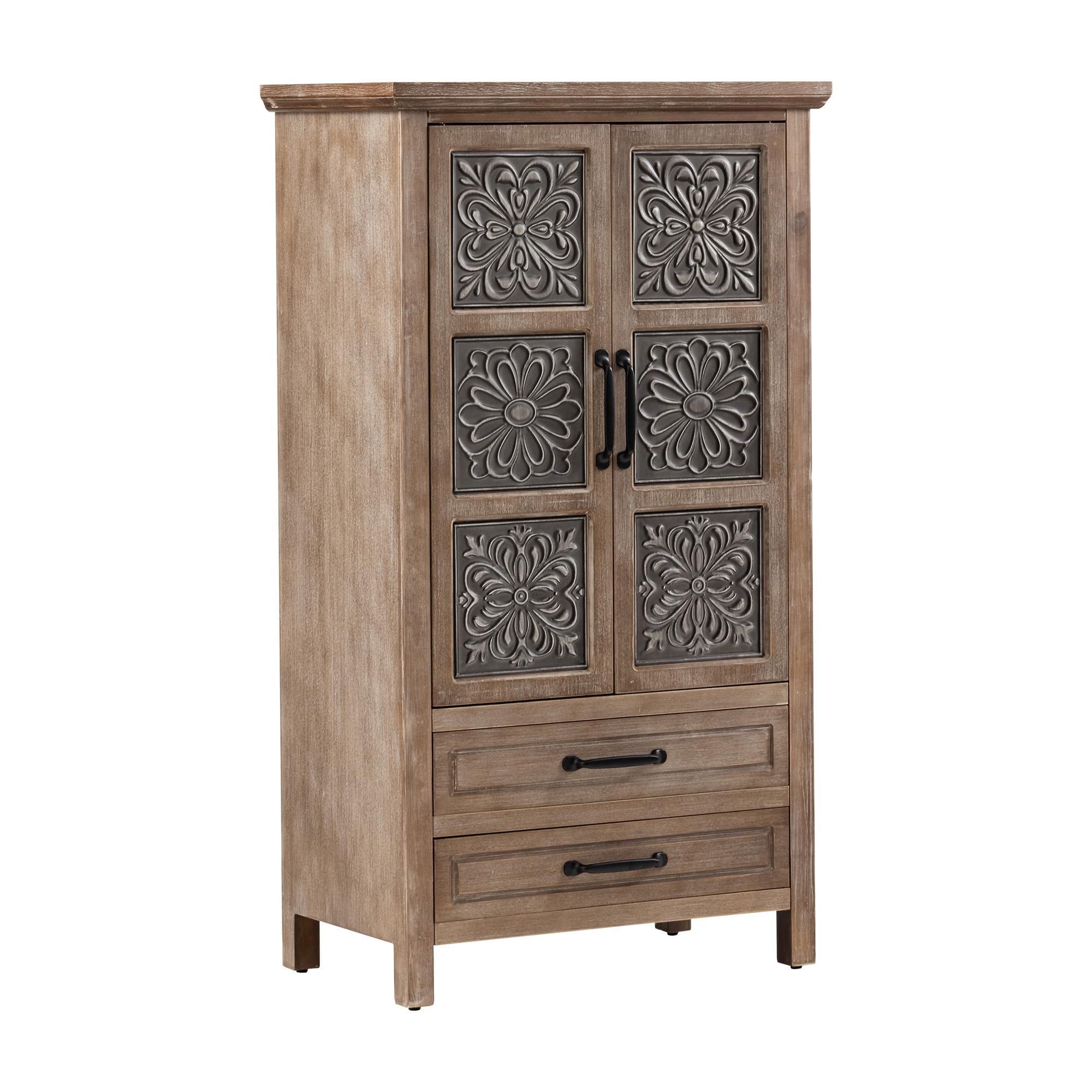 COSIEST 48" Tall Farmhouse Accent Cabinet with Doors and 2 Drawers, Rustic Wood Storage Buffet, Embossed Metal Floral Carving Chest with Adjustable Shelves for Living Room, Entryway, Dining Room