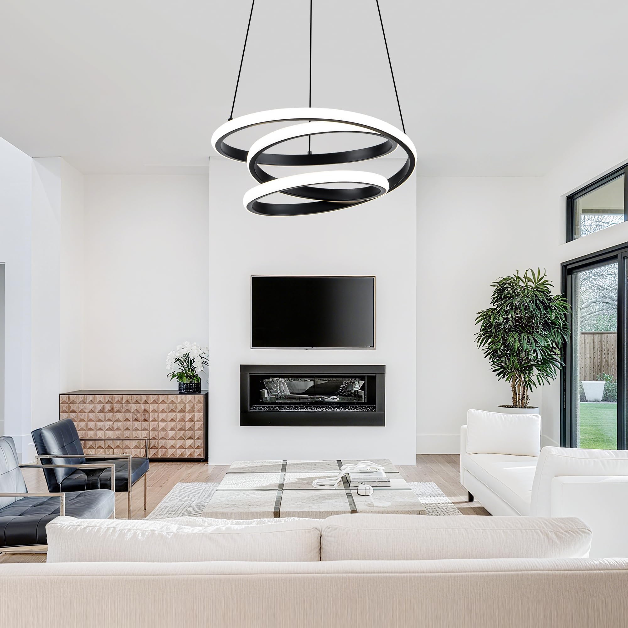 Mayful 13.78 inches Black Modern Chandelier with Remote Control, 3 Rings 3-Color Dimmable Led Chandeliers, Height Adjustable Living Room Chandelier for Dining Room, Entrance, Foyer