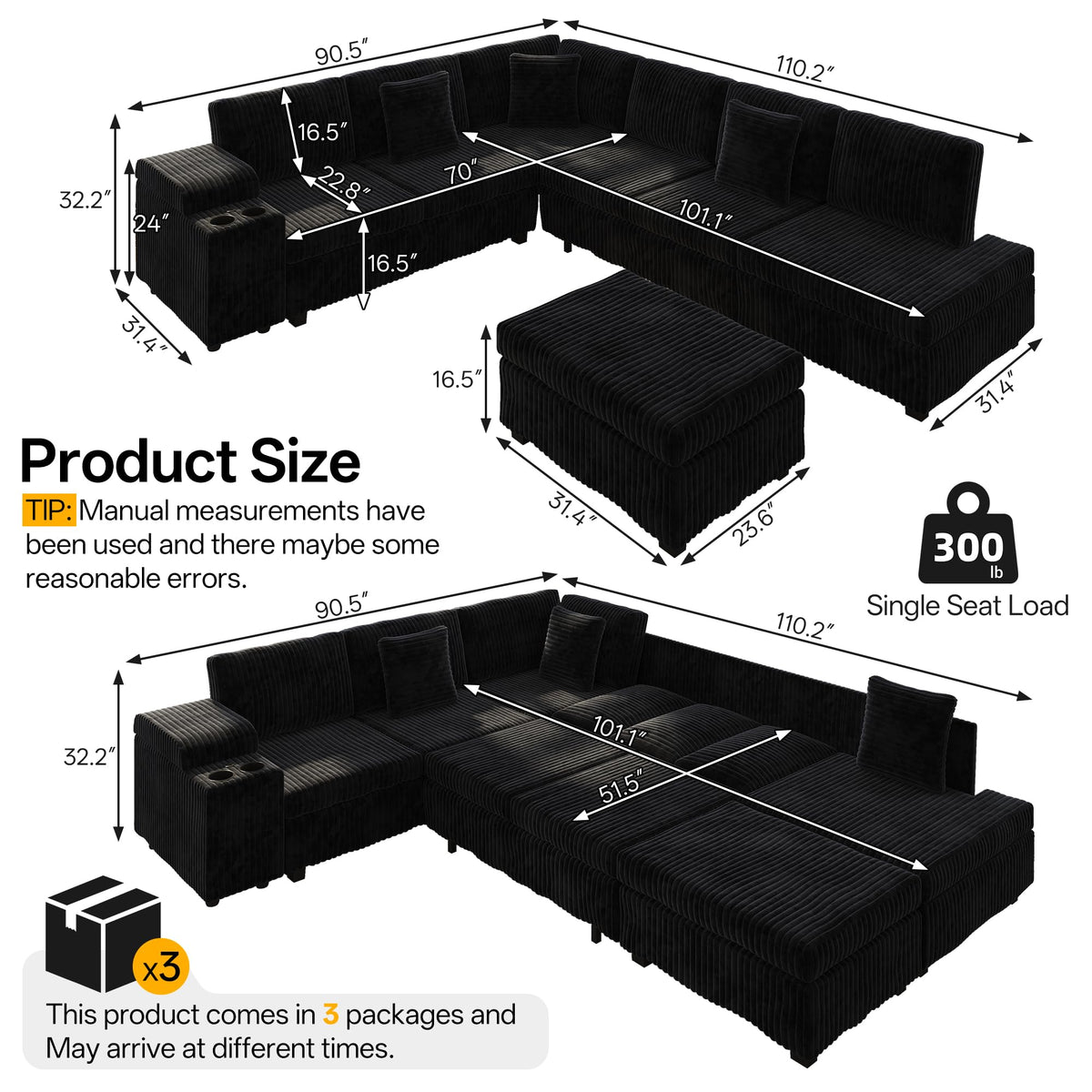 Corduroy L-Shaped Sleeper Sectional