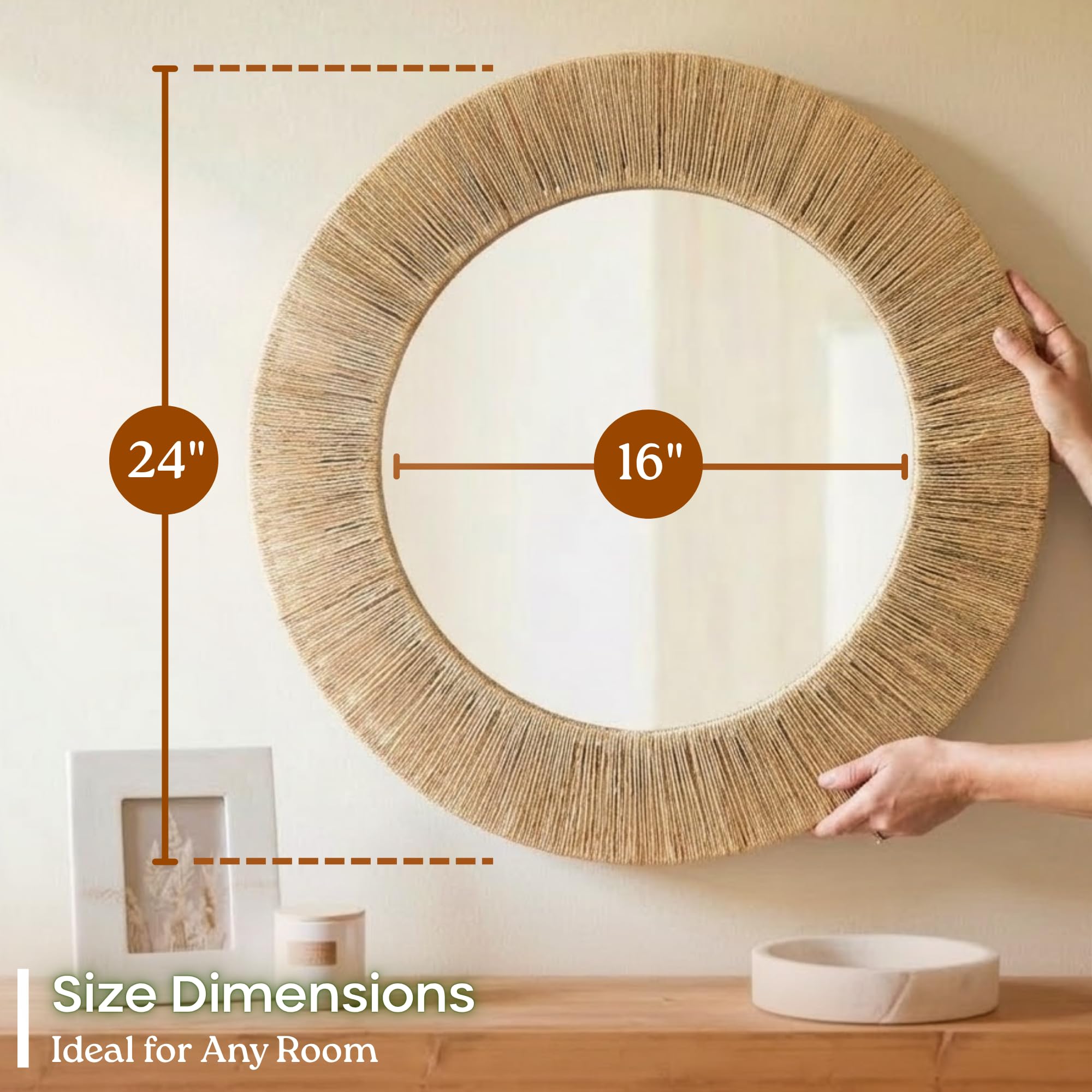 24-Inch Round Jute Wall Mirror with Metal Frame