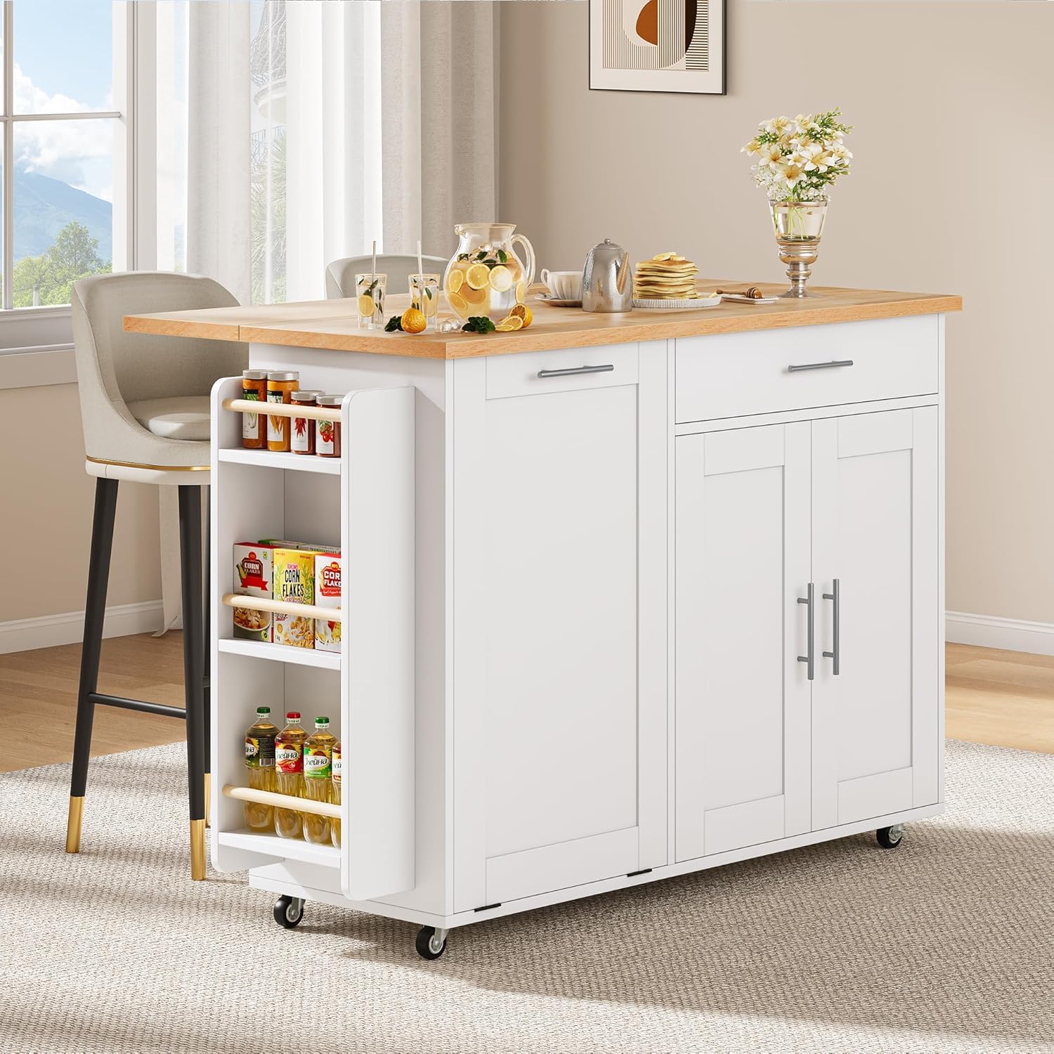 LotaTools 53.9" Rolling Kitchen Island Cart with Drop Leaf & Storage - Mobile Kitchen Organizer with Wheels, Rubberwood Top, Trash Bin Cabinet & Towel Rack, White Farmhouse Style for Small Spaces