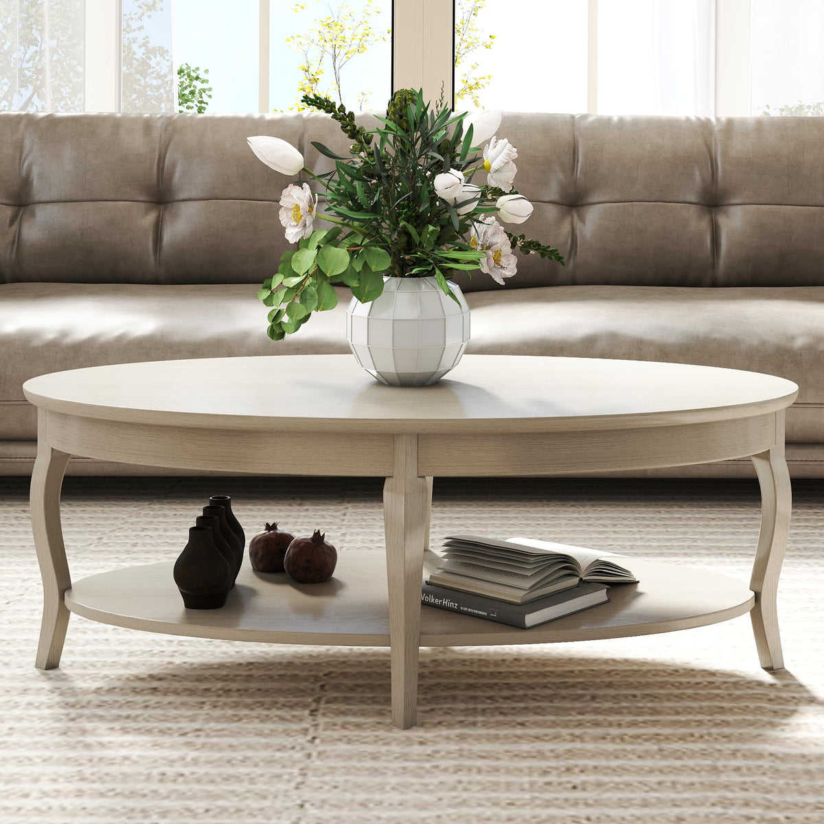 White Oval Wood Coffee Table with Storage