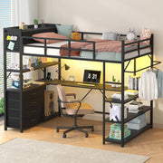 Black Loft Bed Twin Size with Storage Upholstered Headboard & U-Shaped Desk