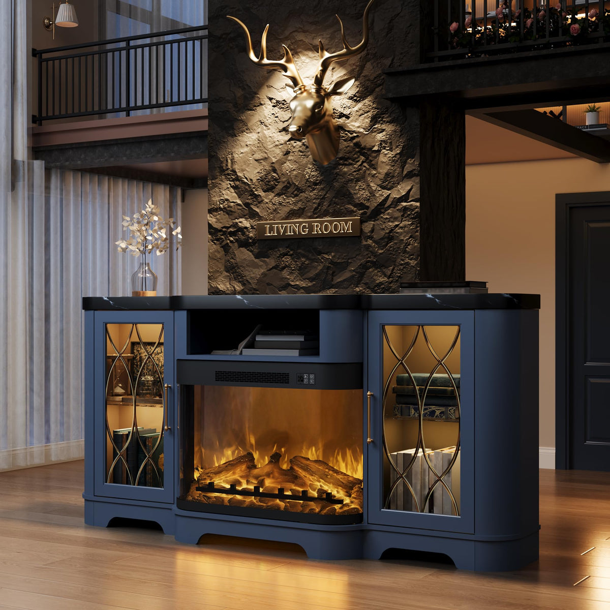 RNLRNL 70" TV Stand with 30" Curved Electric Fireplace, Blue/Black