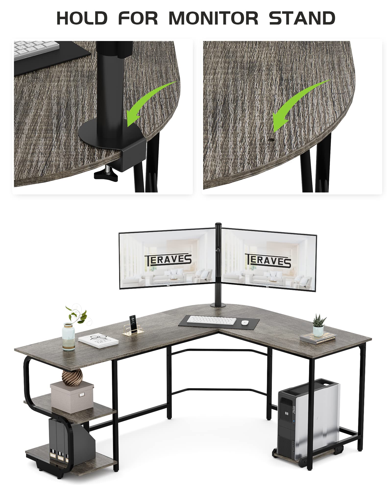 L-Shaped Desk with Storage Shelves & Monitor Stand Hole