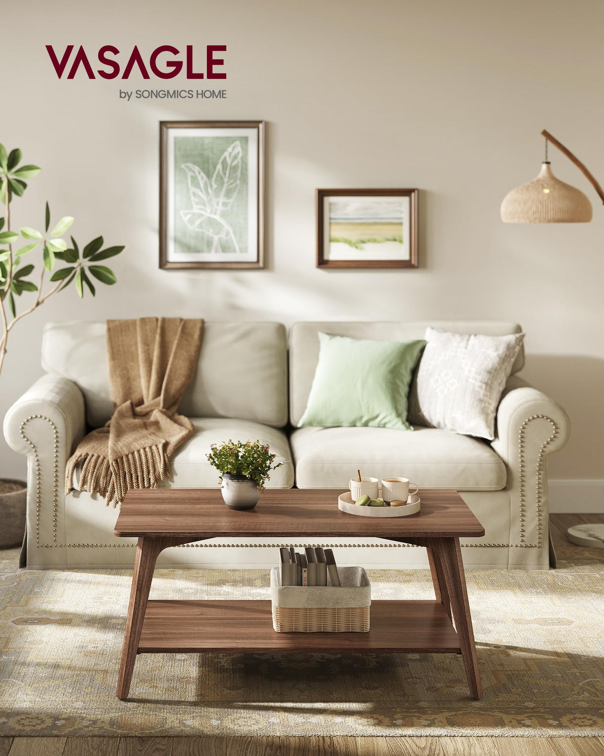 VASAGLE Coffee Table, 2-Tier Center Table with Storage, Tapered Legs