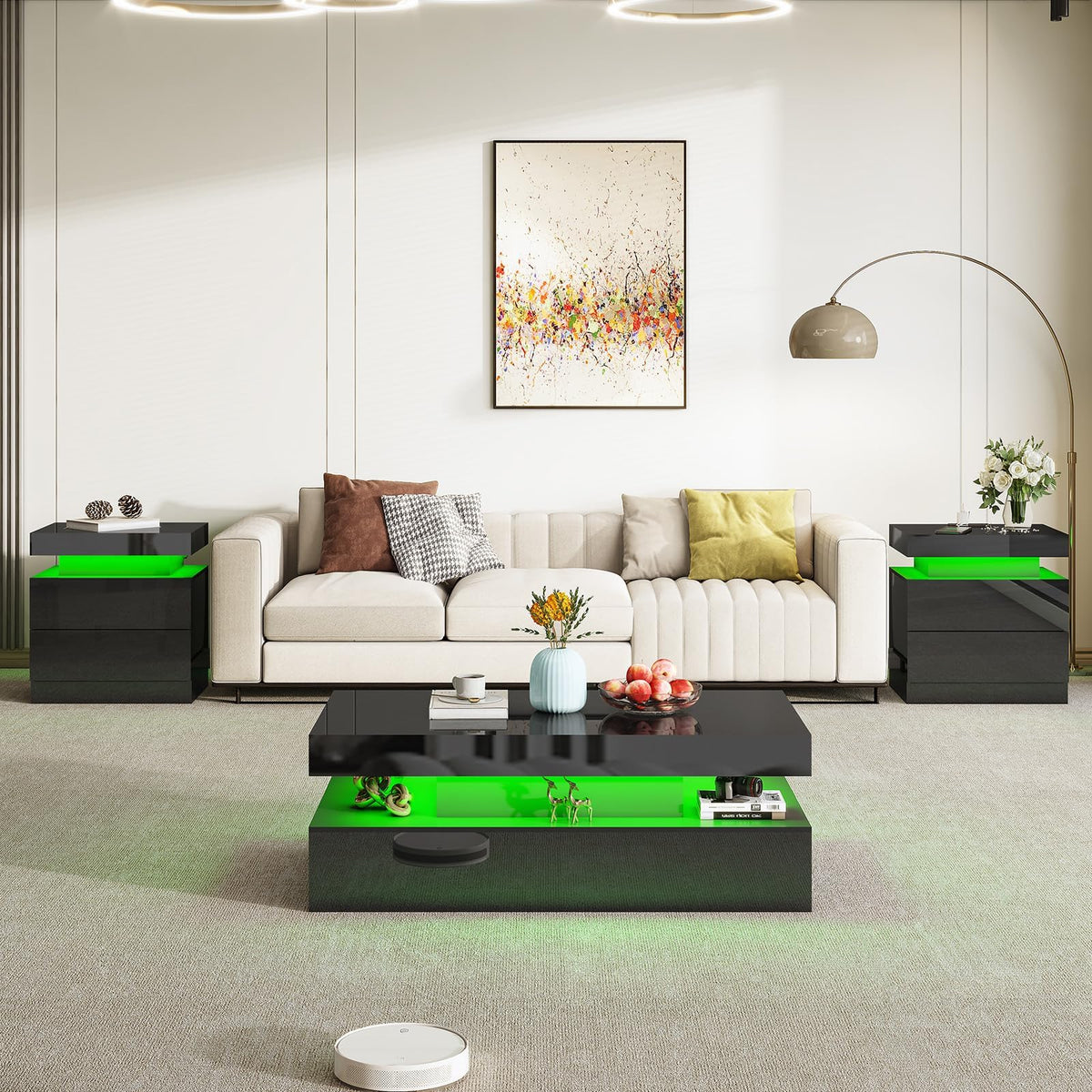 AMERLIFE 3-Piece High Gloss Living Room Table Set with LED Lights, Modern Coffee Table and 2 Side Tables, 2-Tier Center Table with Storage, Black Nightstands with Charging Station