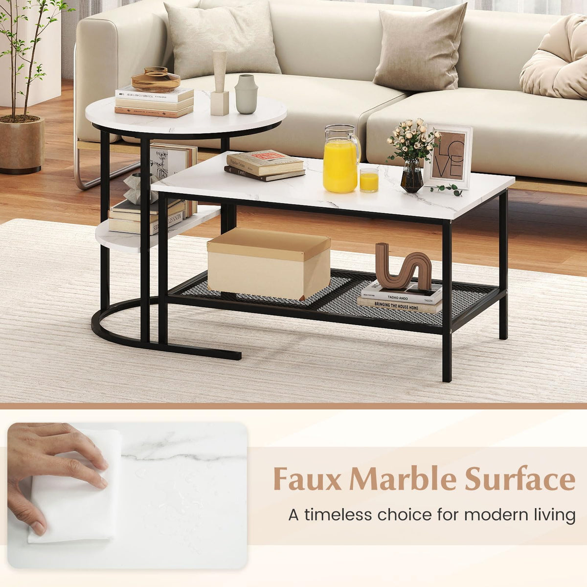 GOFLAME Nesting Coffee Table Set of 2, 2 PCS Nesting Tables with Faux Marble Top and Extra Storage Shelf, Modern Round End Table & Rectangular Coffee Tables for Living Room, Bedroom, Black+White