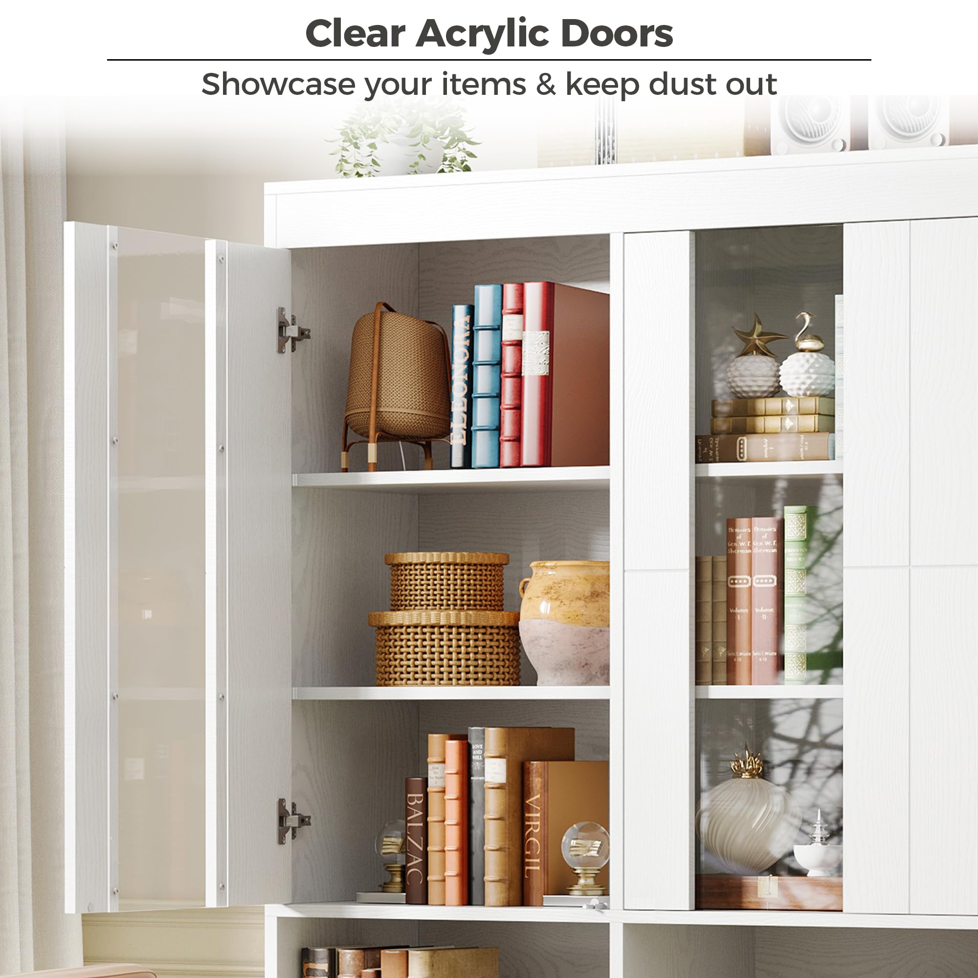 IRONCK Bookshelves and Bookcases with Doors, 71 Inch Tall Bookshelf with Storage, Book Shelf with 4 Cabinets, Display Shelves with Acrylic Doors for Living Room, Home Office