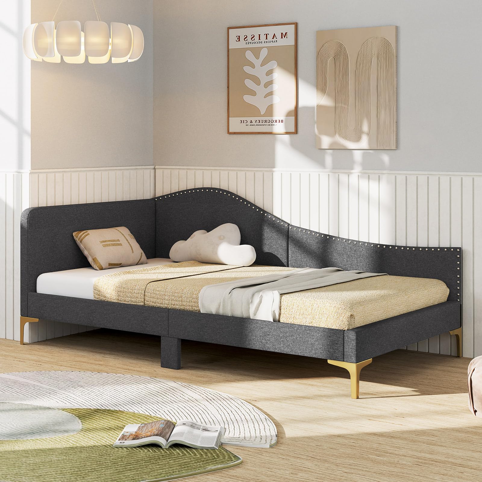 Giantex Twin Size Upholstered Daybed, Rivet-Tufted Platform Bed with Headboard, Metal Legs & Wood Slats, L-Shaped Corner Sofa Bed for Living Room & Guest Room, No Box Spring Needed, Grey