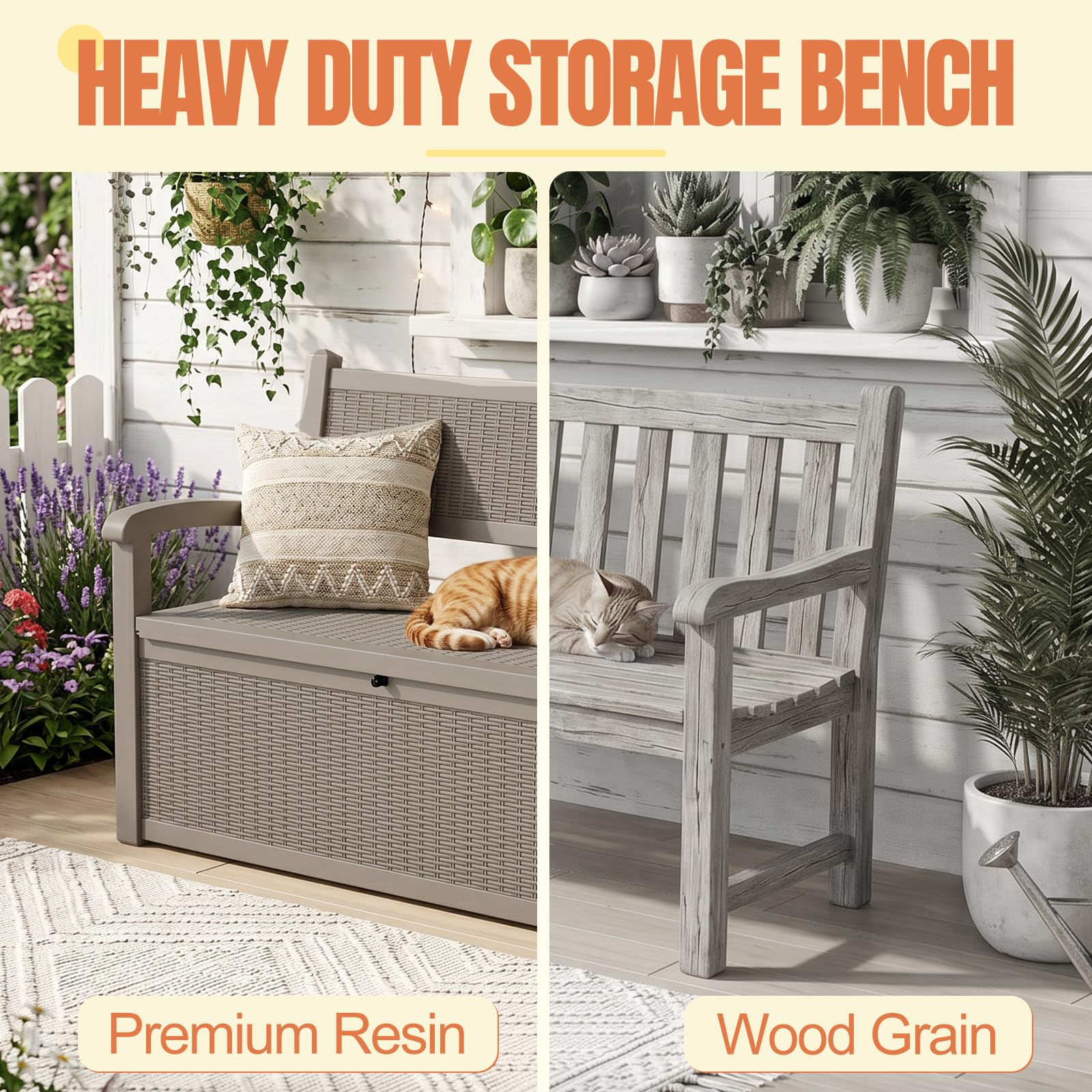 ATMELT Storage Bench Outdoor Deck Box,100 Gallon Waterproof & UV Resistant Lockable Patio Furniture Seating.Indoor/Outdoor Shoe Storage Cabinet for Garden Cushions,Tools,Patio,Pool Supplies(Taupe)