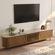 POVISON 94.49" Wood Fully-Assembled Sliding Tambour Door TV Stand, Walnut