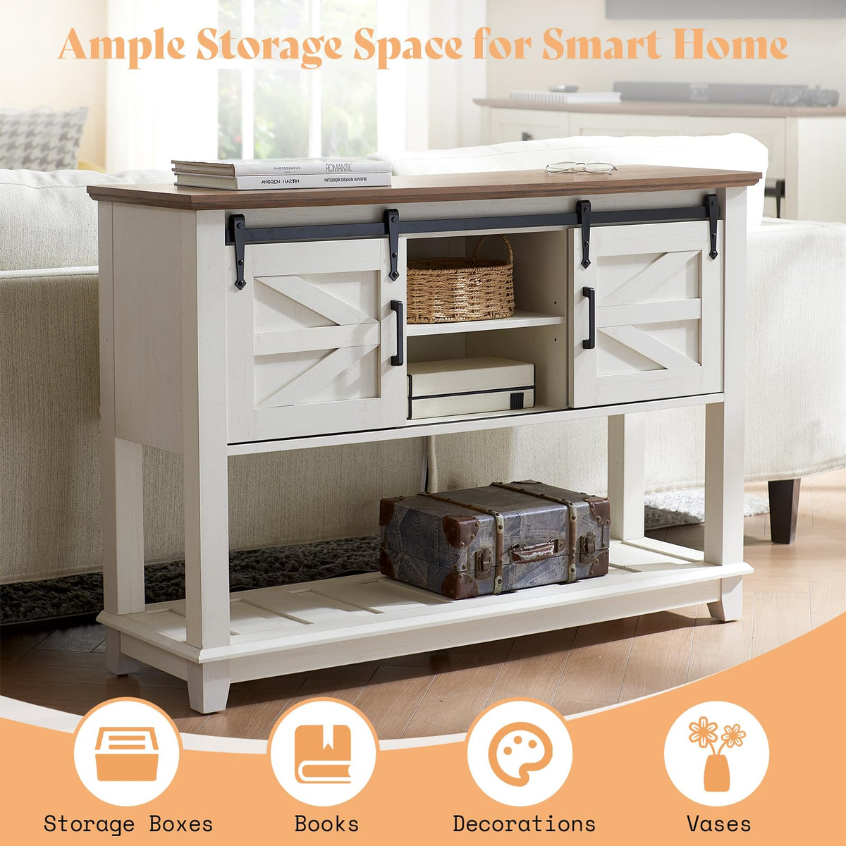 AMERLIFE Living Room Table Set of 5 with 59" TV Stand, Rustic White