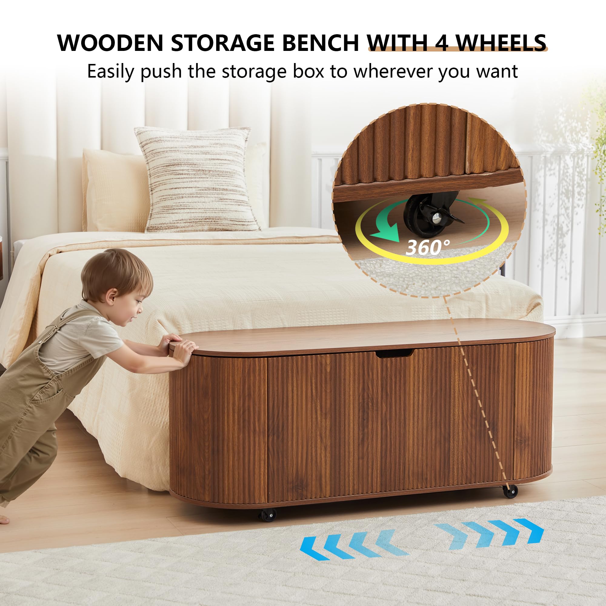 43.3” Storage Bench with 4 Wheels, Fluted Oval Storage Chest with Safety Hinges, Modern Wooden End of Bed Bench, Large Storage Trunk Toy Chest with Lift Top for Entryway Bedroom Living Room, Walnut