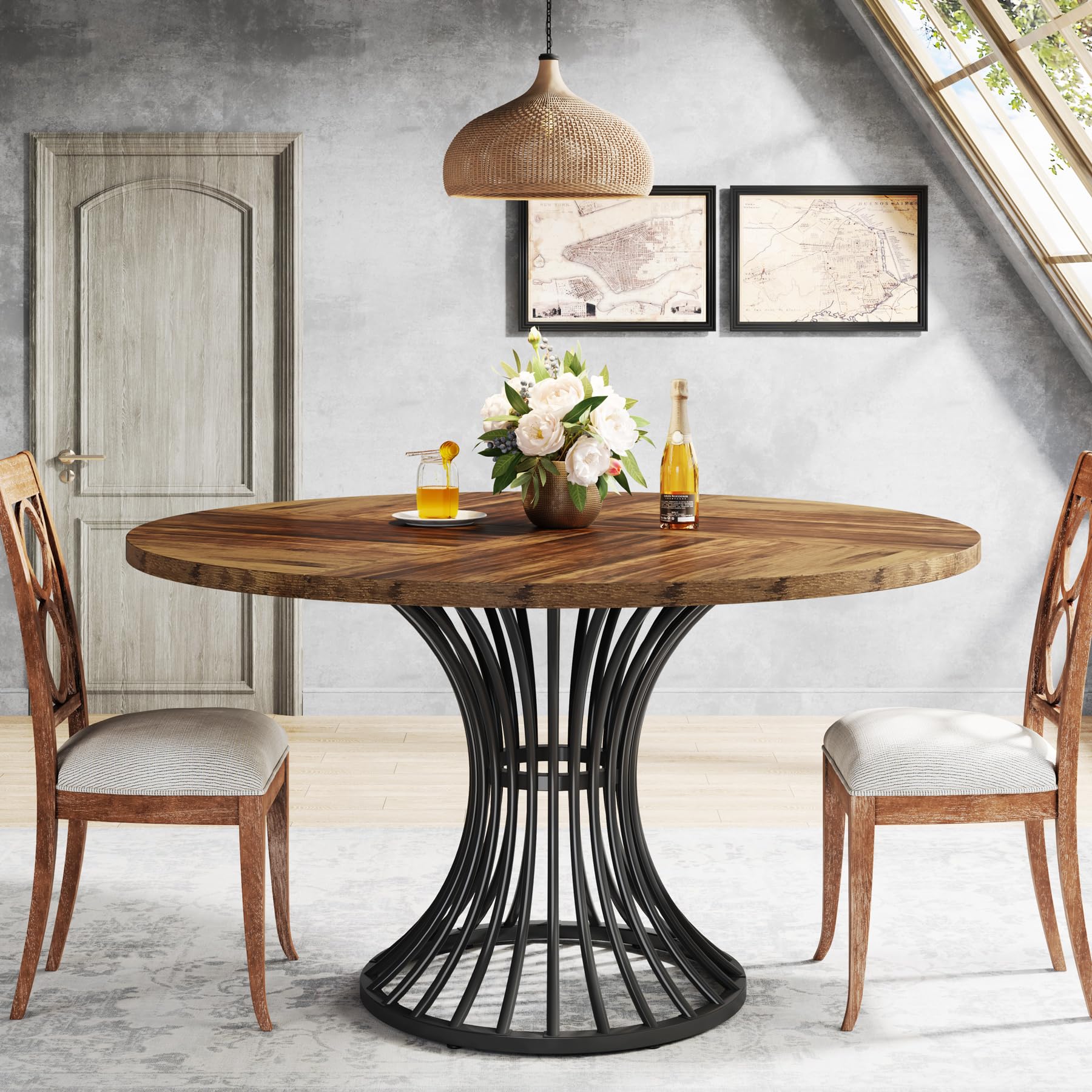 Tribesigns Round Dining Table for 4-6 People, 47-Inch Farmhouse Dinning Room Circle Kitchen Table, Industrial Dinner Table with Metal Base for Kitchen, Living Room, Black and Brown