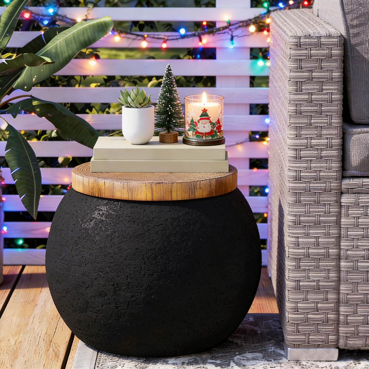 COSIEST Outdoor Side Table,Black Drum Outdoor End Tables,17" Concrete Patio Side Table for Outside Faux-Wood Top Accent Side Table Stool for Livingroom,Bedroom,Garden