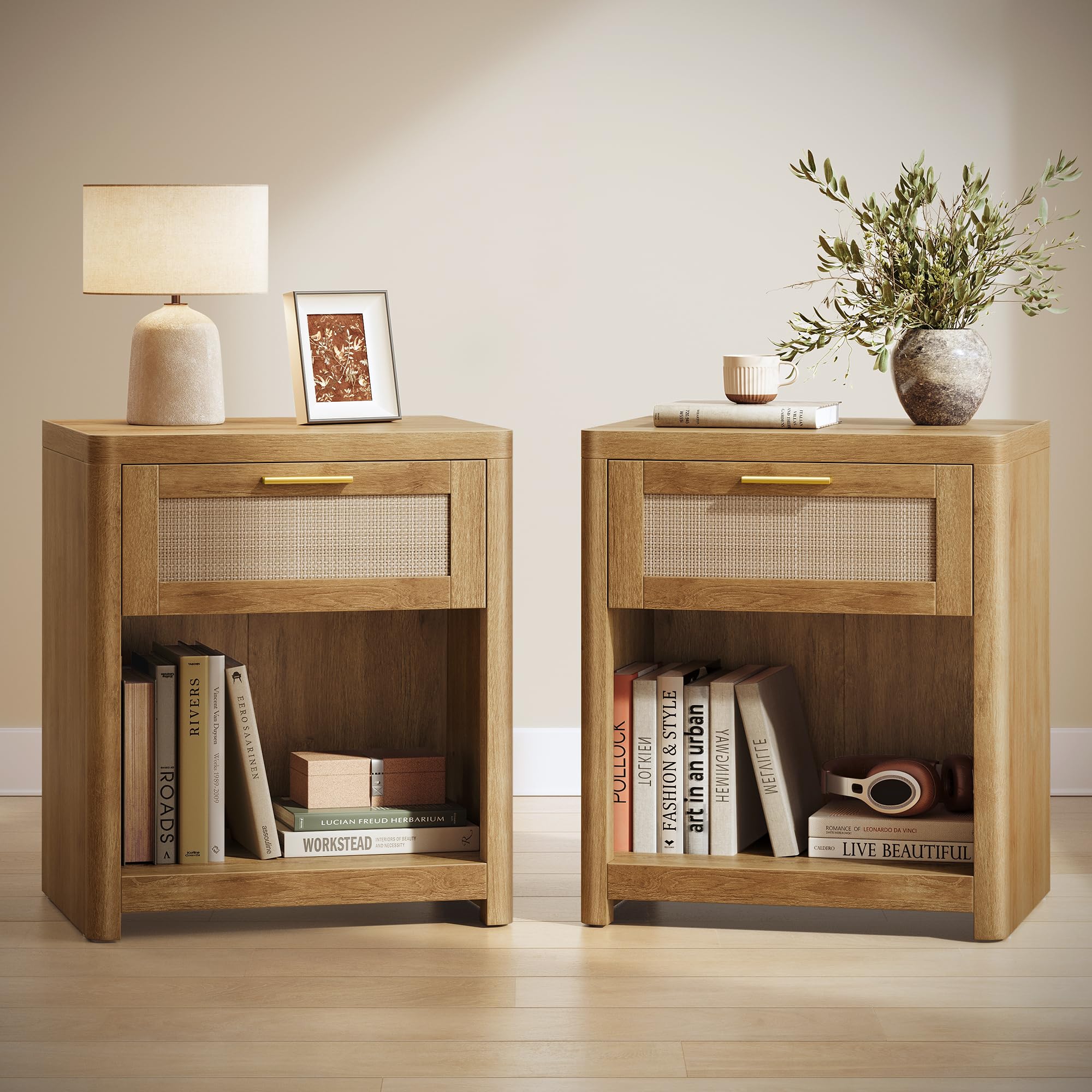 Boho Rattan-Look Nightstands with Drawer – Set of 2