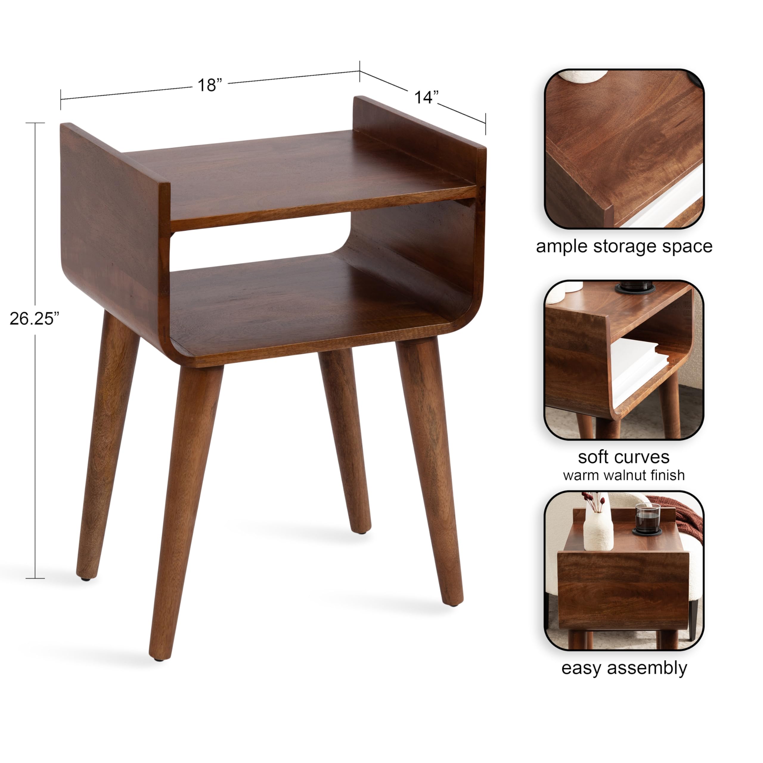 Kate and Laurel Quilby Mid-Century Living Room Side Table with Storage, 18 x 14 x 27, Walnut Brown, Wooden Bedroom Nightstand with Tapered Legs and Bedside Table Storage