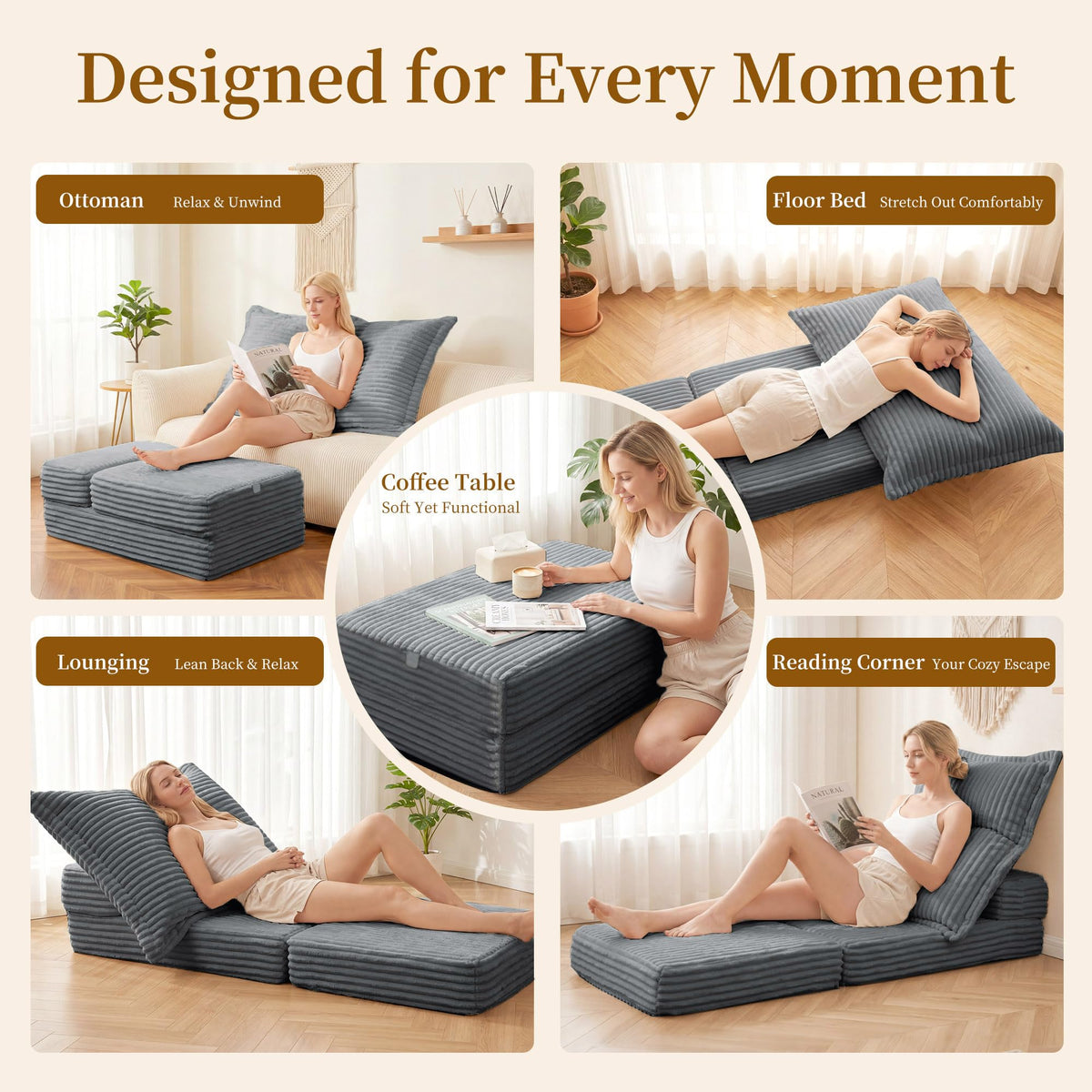 BALAPET Foldable Corduroy Boneless Ottoman, Convertible Folding Sofa Bed