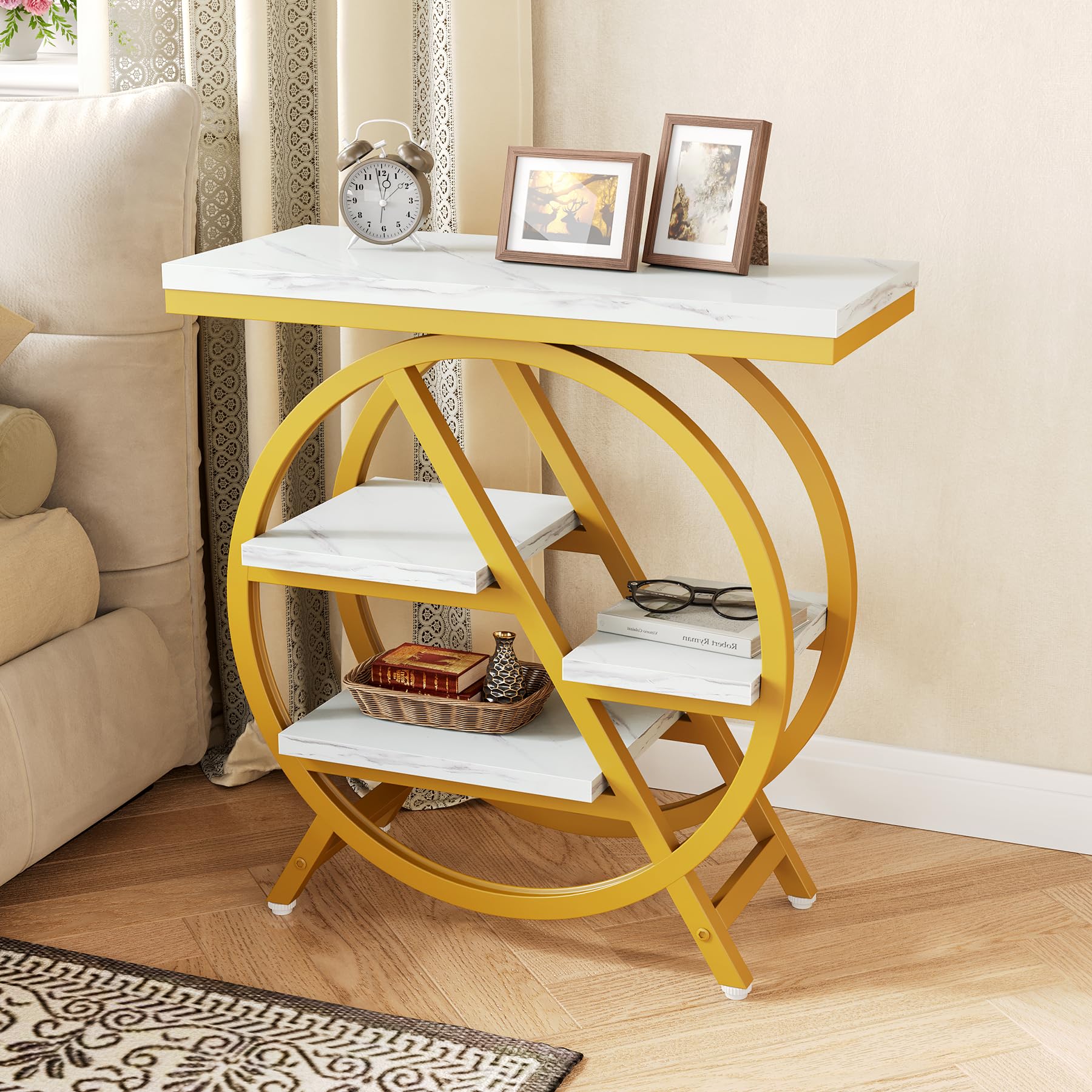 LITTLE TREE End Table Set of 2, 4-Tier Narrow Faux Marble Side Table with Large Storage Space, Modern Nightatsnd and Bedside Table for Living Room, Home Office, Bedroom, White and Gold