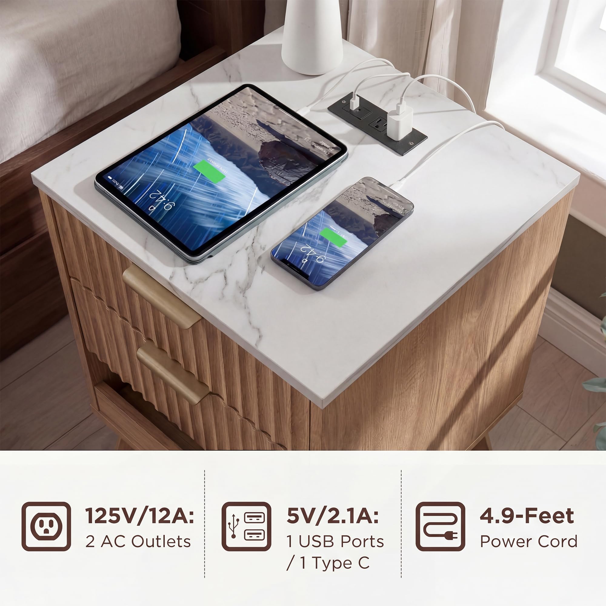 Fluted Tall Nightstand Set of 2 with Charging Station & Storage Drawers