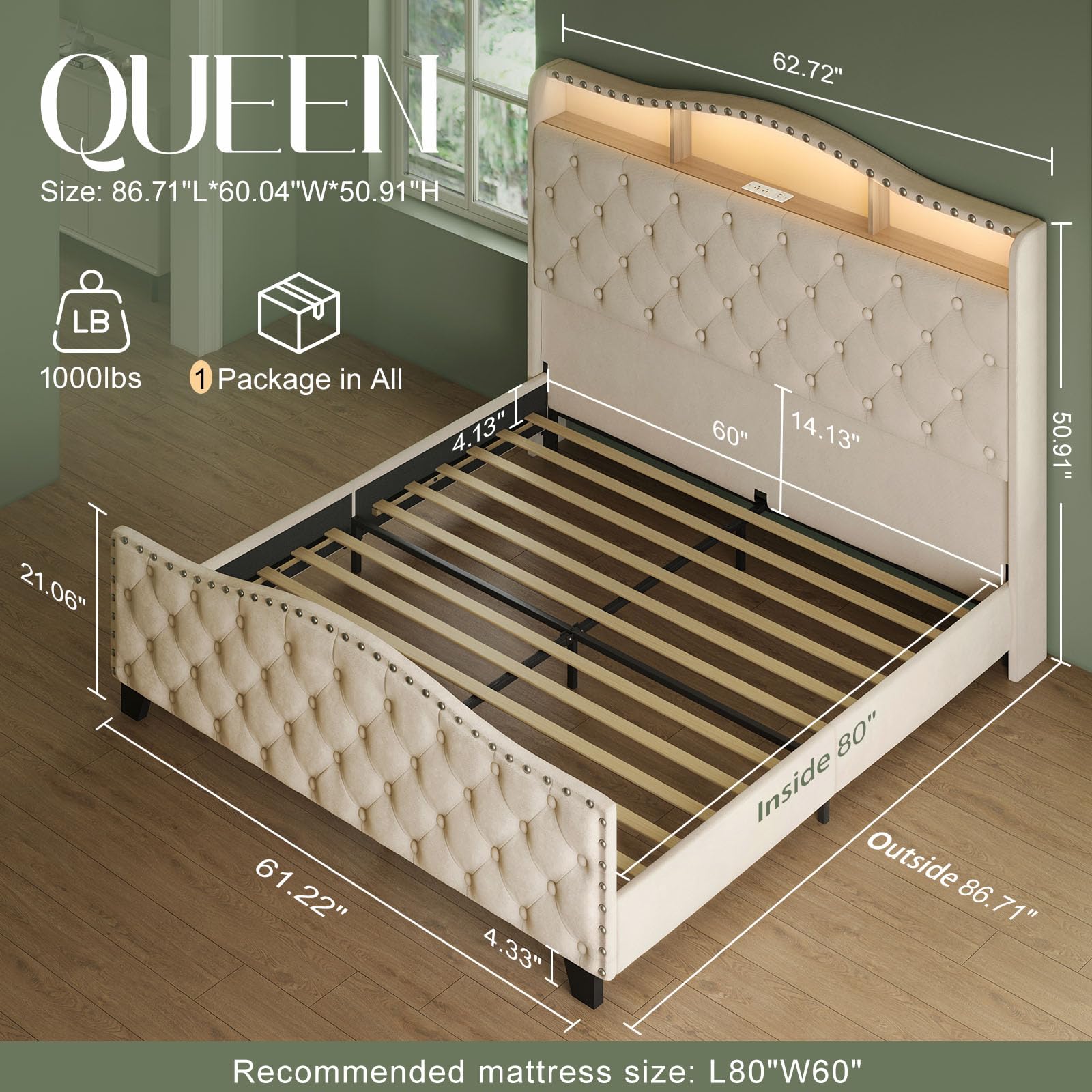 Velvet Wingback Bed Frame with LED Lights & Storage