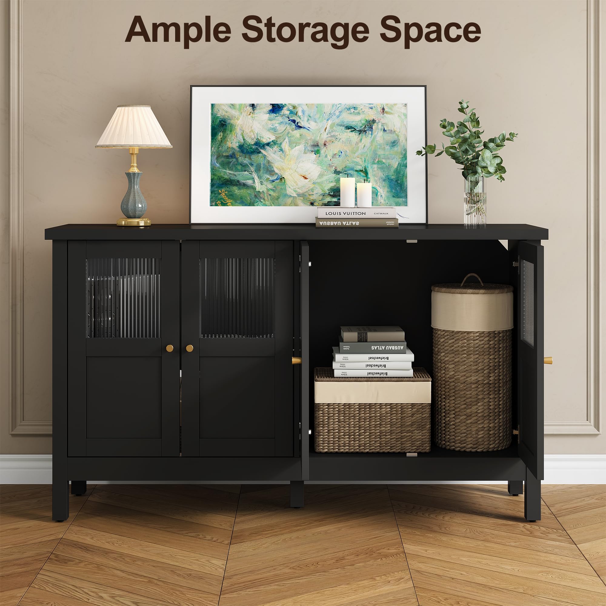 RoyalCraft Buffet Cabinet with Storage, Modern Sideboard with 4 Acrylic Doors & Adjustable Shelves, Wood Credenza Accent Coffee Bar Table for Kitchen, Dining Room, Living Room, Entryway, Black