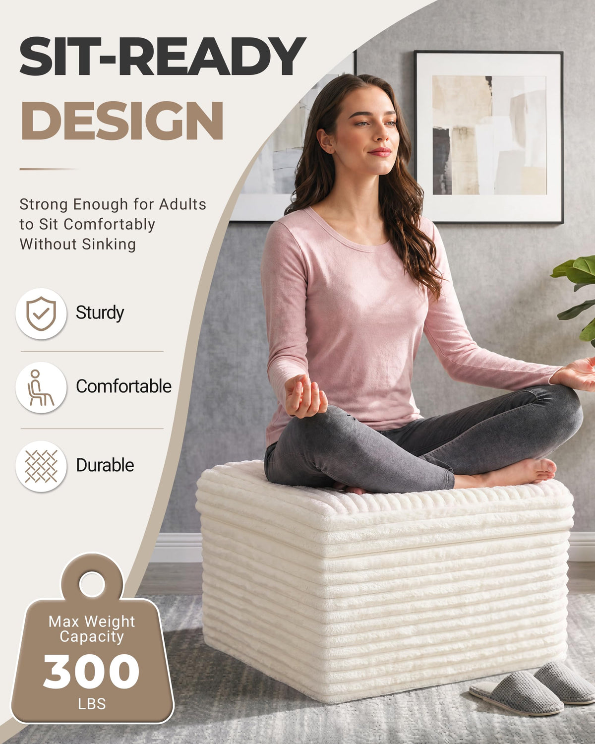 Fabulcozy 23.6in Pouf Ottoman, Corduroy Footstool Foot Rest Seating, Beige